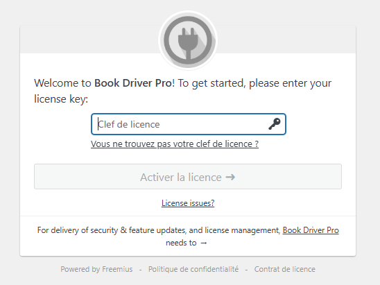 Affichage Wordpress pour activer sa licence du plugin Book Driver