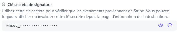 Affichage Stripe pour trouver la clé secrète de son webhook