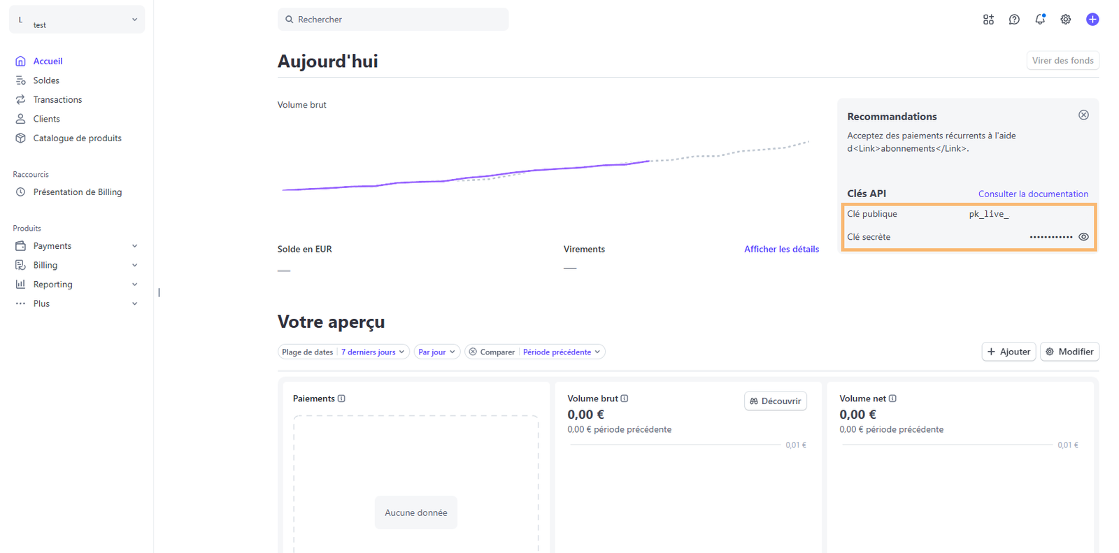 Tableau de bord de stripe, avec entouré les clés secrète et publique de Stripe