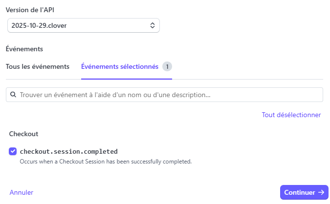 Affichage Stripe pour choisir l'évènement de son webhook. Ici l'évènement "checkout.session.completed" est coché