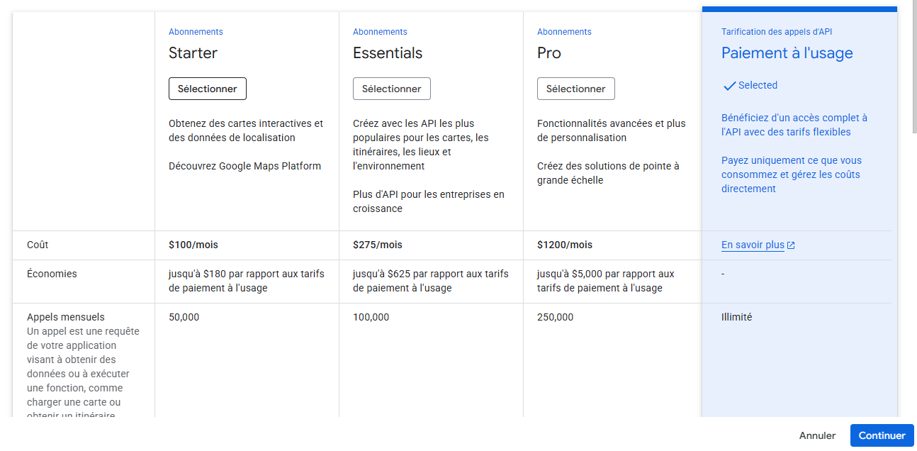 Affichage des différents abonnements de Google Maps Plateform
