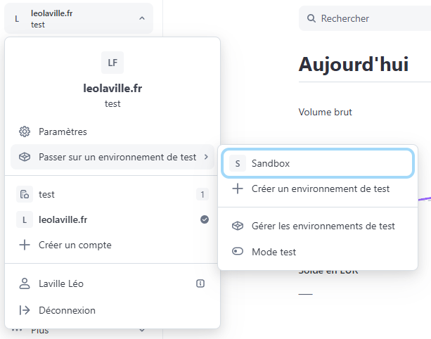 Affichage Stripe pour accéder à l'environnement de test